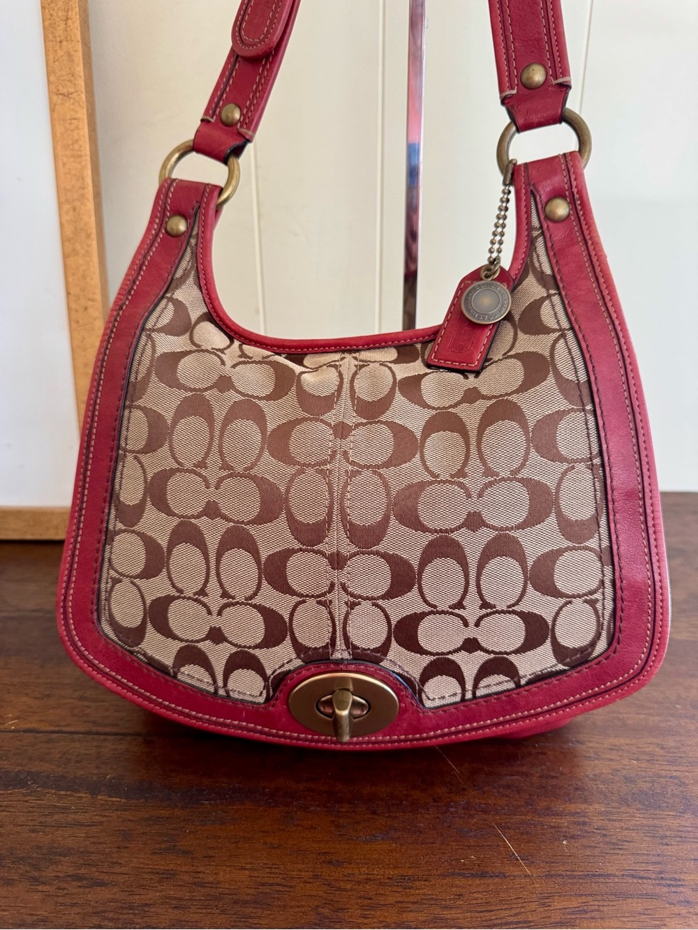 Coach Y2K Legacy Khaki Signature & Red Leather Crossbody Bag 11145